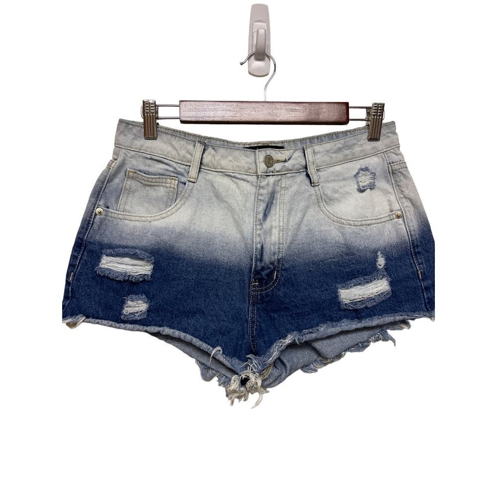 AKIRA Cut Off Daisy Tiger Graphic Ombre Blue Jean Denim Shorts Women's Medium